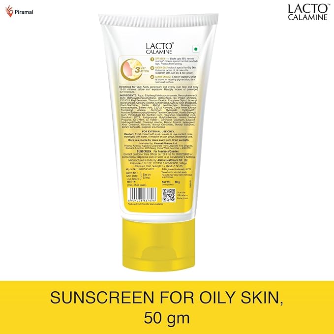 24 Karat Lacto Calamine Sunshield Matte Look Sunscreen SPF50 PA+++ for Oily or Acne Prone Skin, Very Water Resistant, Paraben & Sulphate Free, 50g