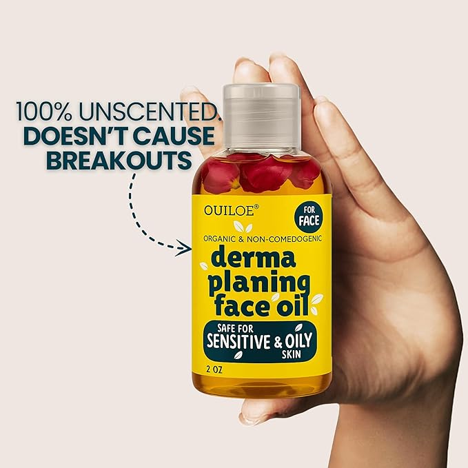 Dermaplaning Oil for Women - Face Shaving Oil for Oily Skin - Non Comedogenic, Fragrance Free, Organic, Natural and Lightweight - Use with Dermaplaning Tool for Face, 2oz by Ouiloe