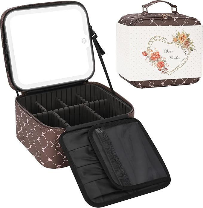 Relavel Travel Makeup Bag With LED Mirror, Portable Cosmetic Organizer Bag with Adjustable Brightness in 3 Color Scenarios, Small Train Case with Detachable Dividers for Trip- Brown Bowknot
