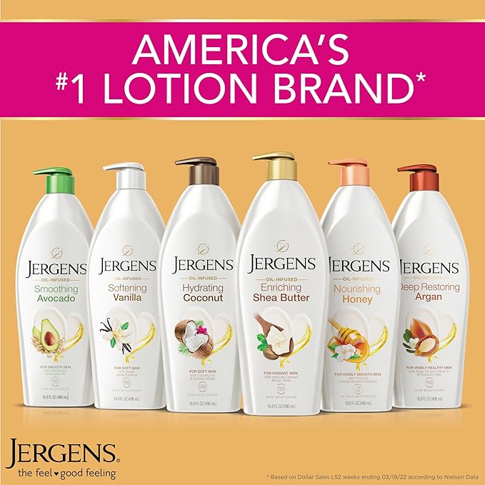 Jergens Deep Restoring Argan Oil Moisturizer, Soothing Body and Hand Lotion with Reviving Argan Oil and Vitamin E, Oil-Infused, Dermatologist Tested, 16.8 oz