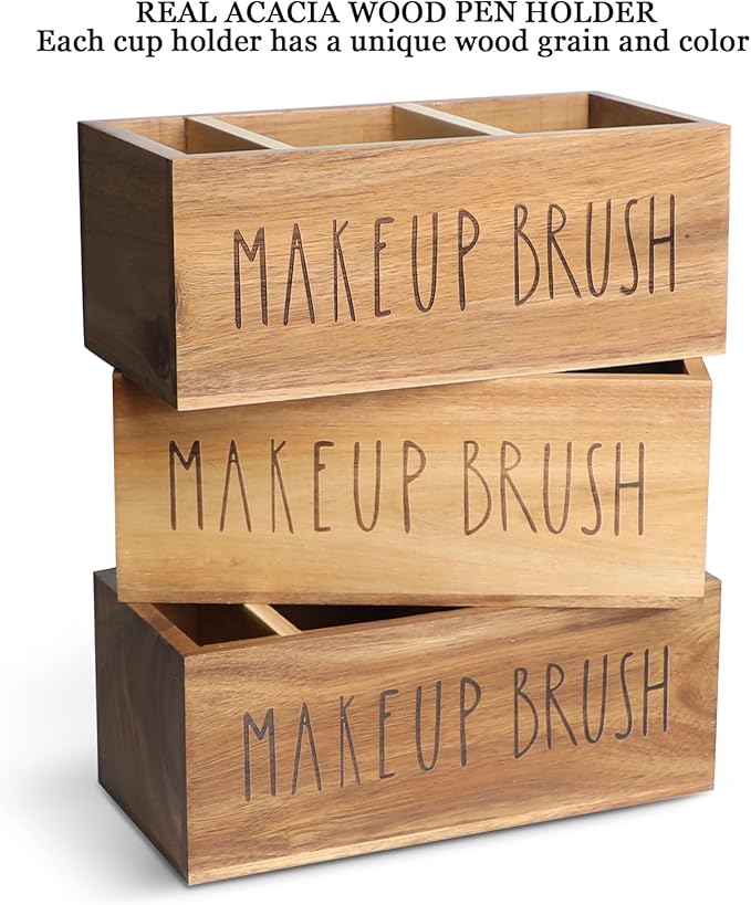 Acacia Wood Makeup Brush Organizer for Vanity,Cosmetic Skincare Organizers, Makeup Organizer with 3 Slots,Organizer Countertop for Cosmetics,Skincare, Brushes, Mascara,Lipstick,Pencils, Brown