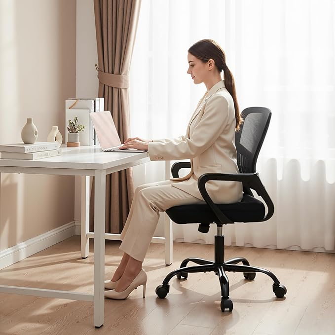 DUMOS Home Office Computer Chair - Ergonomic Mid Back Desk with Lumbar Support and Rocking Mode, Height Adjustable with Fixed Armrest, for Conference Meeting Room, 360° Swivel, Adults, Black