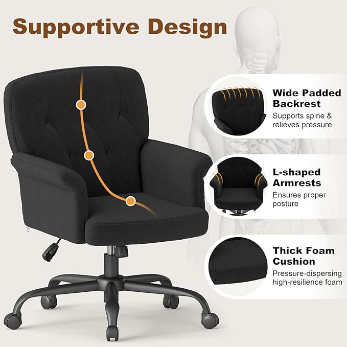 Comfy Home Office Desk Chair, Upholstered Fuzzy Vanity Chair with Wheels and Arms, Modern Adjustable Swivel Computer Seat for Living Room, Bedroom, Make Up, Home Office, Teddy Fleece, Black