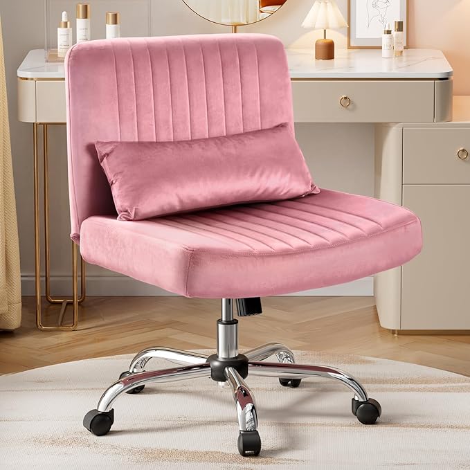 Warmiehomy Velvet Criss Cross Desk Chair with Wheels, Luxury Cross Legged Office Chairs for Home Office, Swivel Wide Seat Vanity Chair, Armless Adjustable Height Gaming Chair Gift, Rose Pink