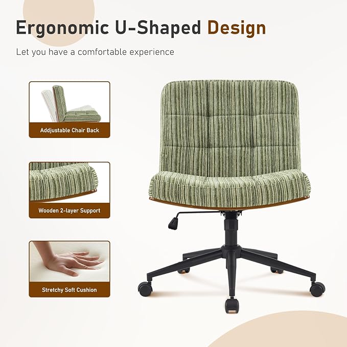 Furnimart Heavy-Duty Curved FSC Wood Desk Chair 360° Swivel,Premium Chenille Criss Cross Chair with Wheels Wide Seat, Comfy Armless Cross Legged Sitting for Bedroom, Office, Vanity(Green)