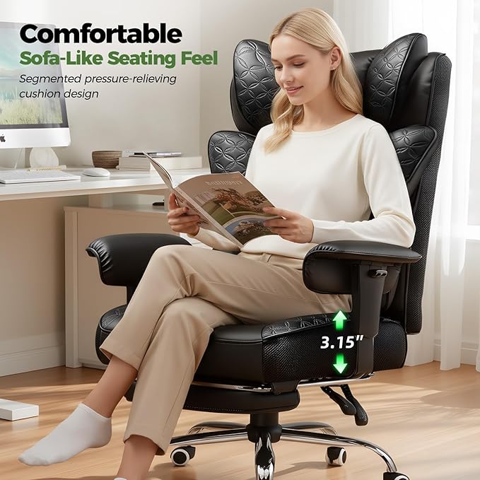 GTPLAYER Big and Tall Office Chair 400LBS Wide Ergonomic Gaming Chair with Deluxe Embossing Designed Leather with Foot Rest,150°Reclining Adjustable Soft Armrests Pocket Spring Back Support and Pillow