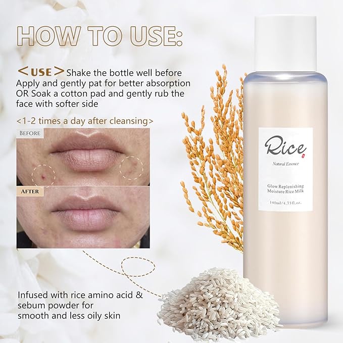 Rice Milk Facial Toner with Rice Extract & Core Protein - Hydrating Milky Toner for Oily/Combination Skin, Deep Moisturizing, Pore & Acne Care (140ml) + 100-Count Fluorescent-Free Cotton Pads