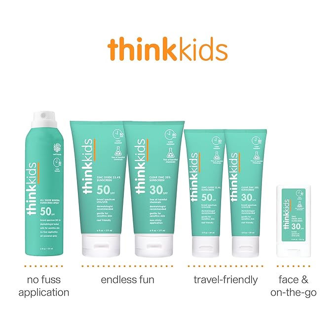 Thinkkids SPF 30 Mineral Sunscreen, Clear Zinc Oxide, 3 fl oz – Natural, Water Resistant, Kids & Toddler Sun Protection, Reef Safe