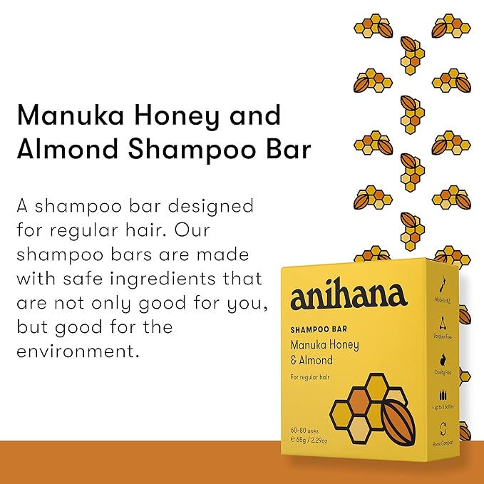 ANIHANA Shampoo Bar for Regular Normal Hair Clean Purifying Natural Healthy Look and Shine Paraben Free Manuka Honey and Almond 2.29 oz