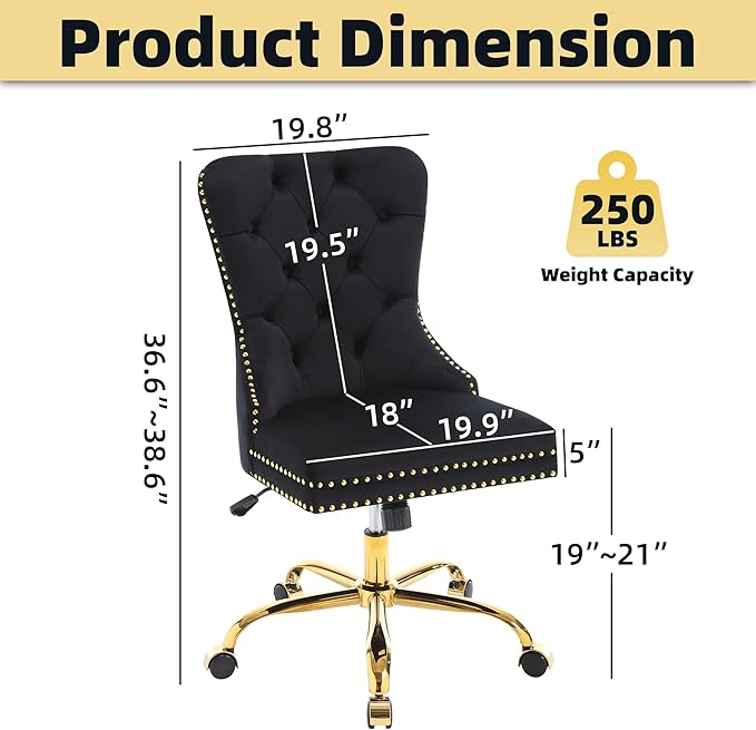 Velvet Desk Chair with Wheels, Gold Office Chair Armless Swivel Chair with Tufted High Back Rivet Trim, Comfy Upholstered Ergonomic Computer Chair for Bedroom, Black
