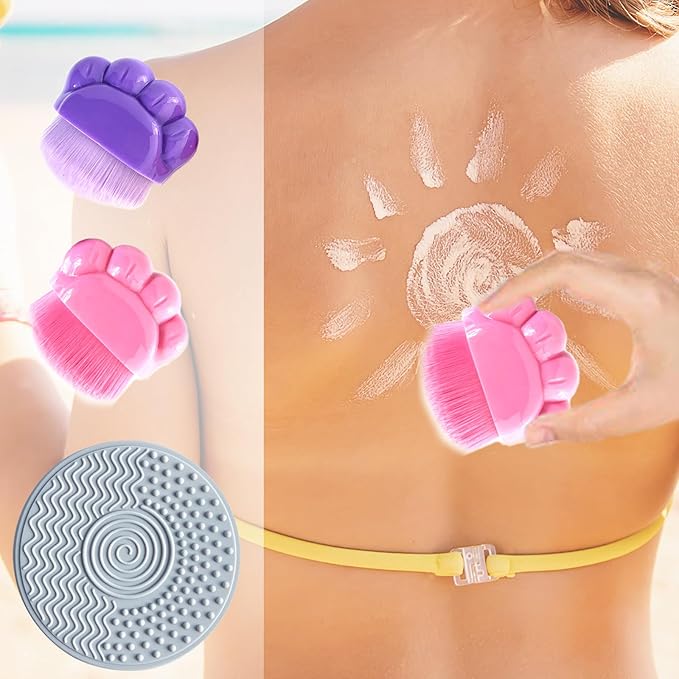 2Pcs Sunscreen Applicator for Kids, Sunblock Brush with Protective Case Sun Lotion Applicator SunCream Brush with Cleaning Pad for Suncream Liquid Foundation, 1.8*1.7 Inch, Purple, Rose Red