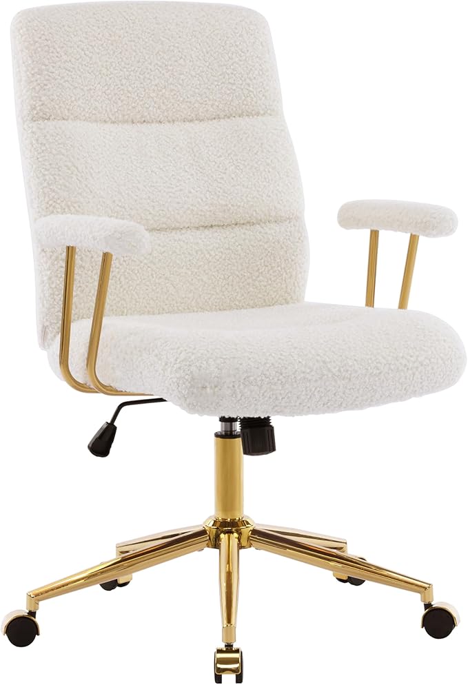 Elegant White and Gold Fuzzy Office Chair with Textured Boucle Fabric, Modern Desk Chair with Padded Seat, Height Adjustable with Durable Gold Base