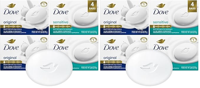 Dove Beauty Bar Soap Variety 8-Pack – Sensitive Skin, Fragrance-Free + Original, with Moisturizing Cream, 2.6 Oz Ea
