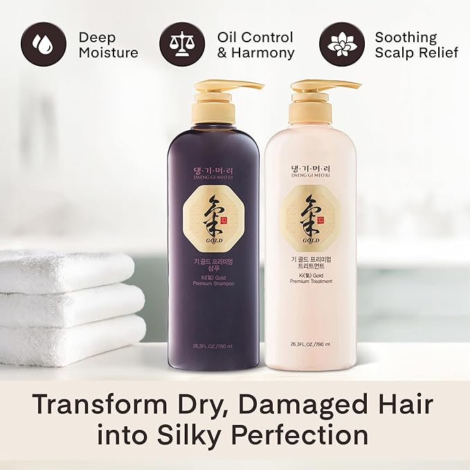 Daeng Gi Meo Ri- Ki Gold Premium Shampoo+Treatment Set, Effectively Moisture to Dry and Rough Hair, No Artificial Color, 780ml each