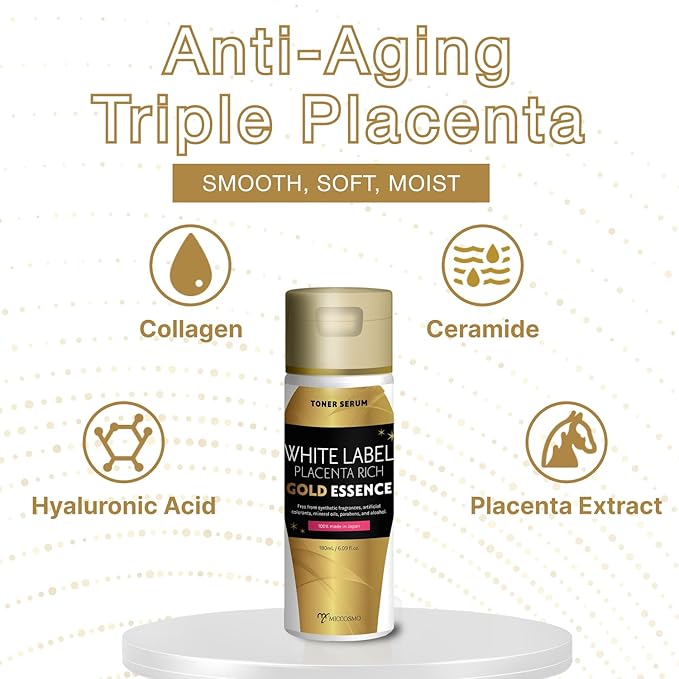 WHITE LABEL Placenta Rich Gold Essence 180ml | 3x Concentrated Placenta & Hydrating Japanese Toner | With Hyaluronic Acid, Collagen & Ceramide for Aging & Dull Skin