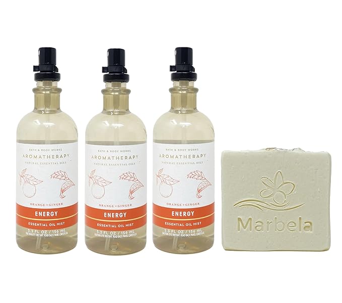 Bath & Body Works Aromatherapy Orange + Ginger 3 Pack Essential Oil Mist Gift Set Bundle with a Natural Oats Bar Soap - Full Size