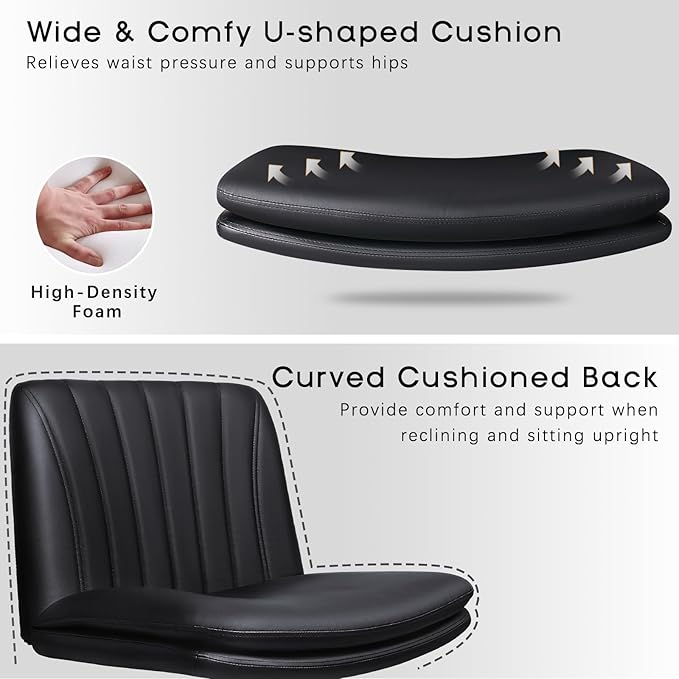 PUKAMI Criss Cross Chair,Comfy Cross Legged Office Desk Chair No Wheels,Modern Fabric Swivel Adjustable Height Mid Back Wide Seat for Home Office Computer (Pu Black with Wheels)