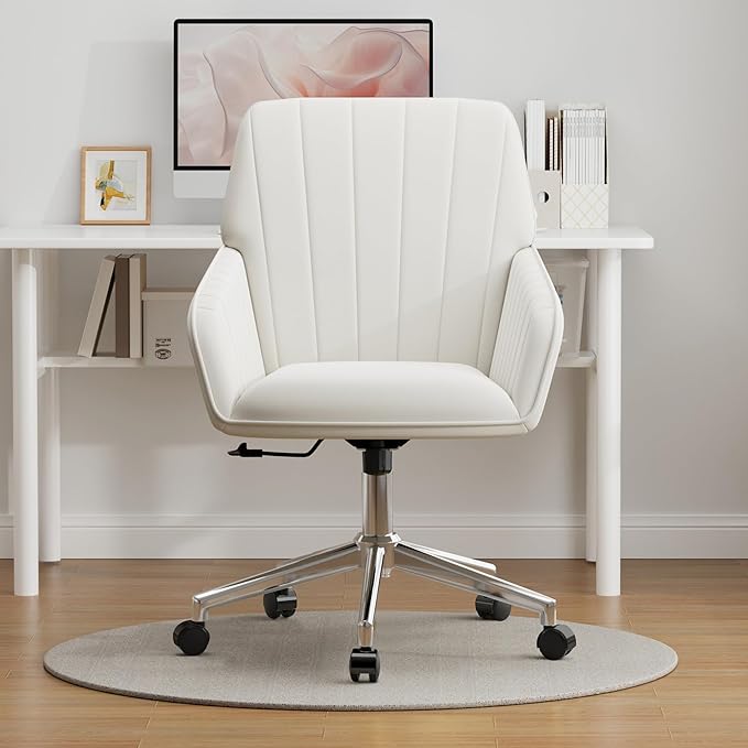 YISHENG Velvet Office Desk Chair with Silver Base, with Wheels,Modern Height Adjustable 360 Degree Swivel Upholstered Vanity Chairs with Arms for Living Room Bedroom,Cream