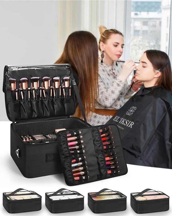 Relavel Extra Large Cosmetic Case, Travel Makeup Bag with 4 Clear Pouches & Lipstick Plate, Portable Cosmetic Case Storage Organizer Box for Makeup Artists with Shoulder Strap & Adjustable Dividers