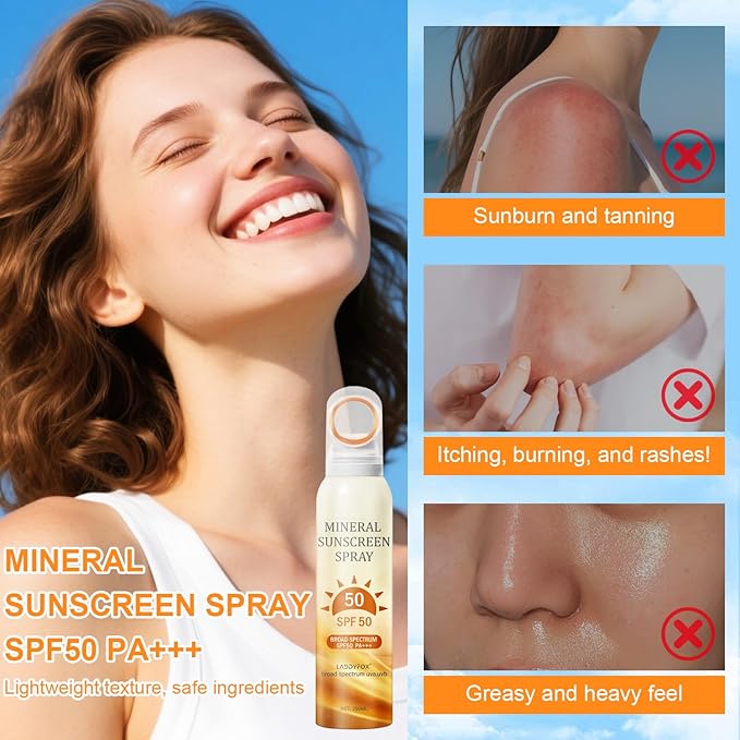 6.76 Fl Oz Mineral Sunscreen Spray SPF 50 PA+++, Broad-Spectrum UVA/UVB Protection, Lightweight and Non-Greasy, Waterproof and sweatproof Sunscreen for Face and Body,