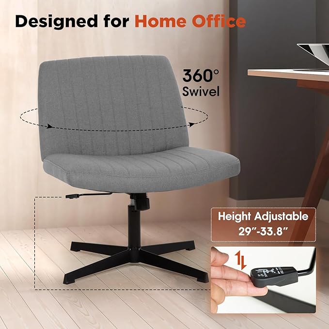 PayLessHere | Criss Cross Chair | Grey | Wide, Armless Desk Chair Without Wheels | 360 Swivel, Height Adjustable & Stable Metal Base | for Office, Home Office, Vanity Seating