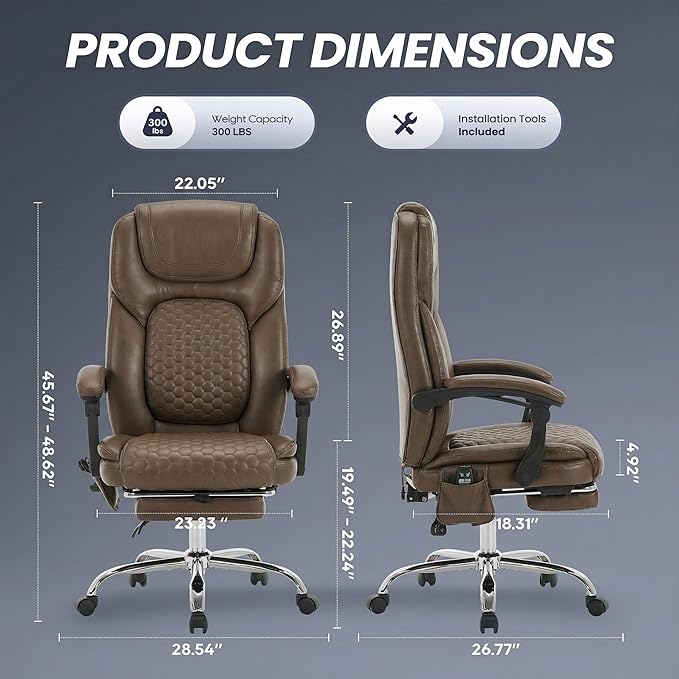 Massage Office Chair with 3-Level Heat and Footrest – 20-Min Easy Assembly, 300 lbs Big and Tall Reclining Desk Chair, PU Leather Ergonomic Executive Computer Chair with Side Pocket, Brown