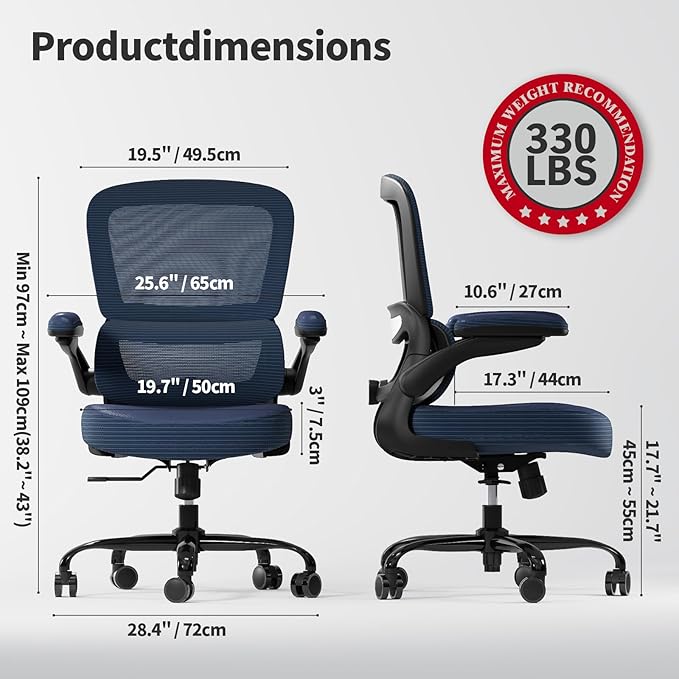TRALT Ergonomic Office Chair - Desk Chair with Adjustable Lumbar Support Computer Chair - Mesh Comfy Chair with Flip-up Armrests - Gaming Chairs for Adults Home Office (PU Leather, Navy Blue)