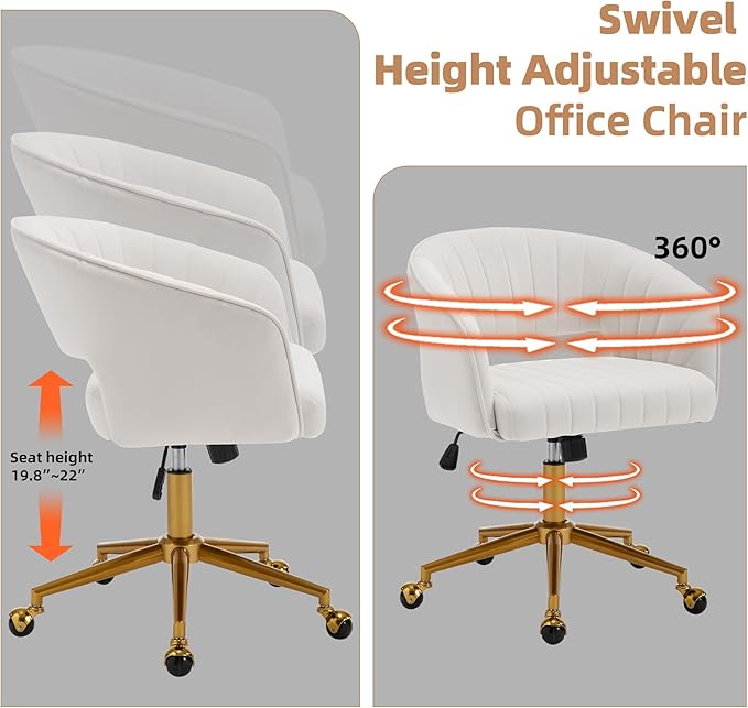 Westice Home Office Desk Chairs, Modern Velvet Rolling Chair, Height Adjustable Swivel Vanity Chair with Golden Base, Ergonomic Chair for Vanity Study, Living Room Computer Room, Beige