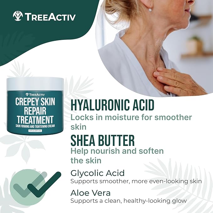 TreeActiv Crepey Skin Repair Cream, 8 oz Firming Body & Neck Cream with Hyaluronic Acid, Glycolic Acid & Shea Butter, Helps Crepey Skin Look Smoother, 500+ Uses