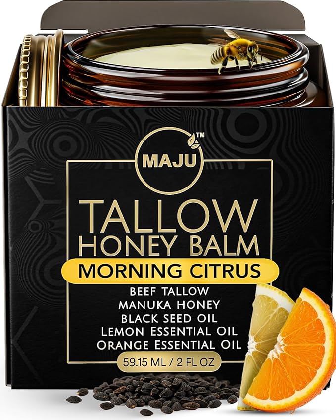 MAJU Tallow Honey Balm, Morning Citrus (2 oz), Grass Fed Beef Tallow for Skin with Organic Black Seed Oil, Manuka Honey and Organic Beeswax, Skin and Face Moisturizer for Deep Hydration