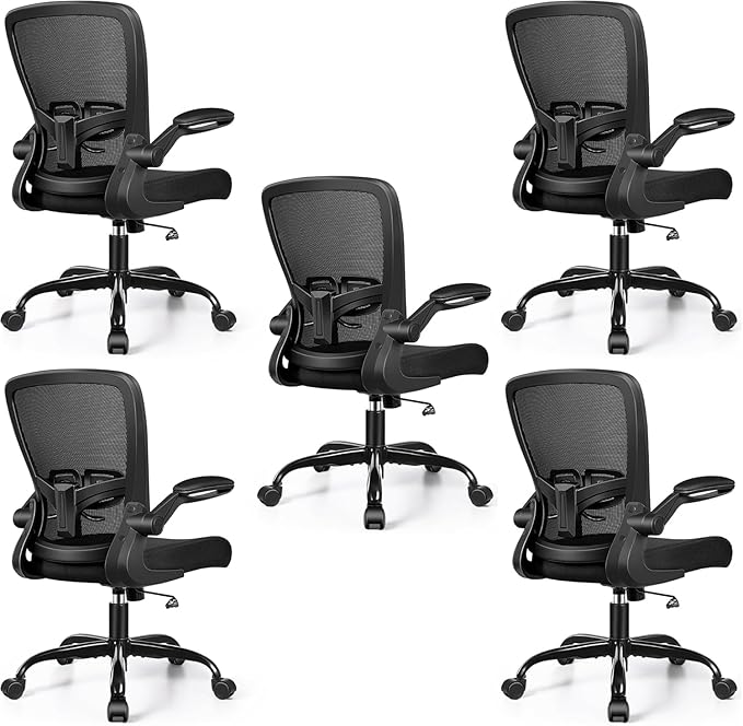 Ergonomic Office Chair 2026 - Mesh Desk Chair with Flip-up Armrests, Adjustable Height and Lumbar, 360° Swivel Comfortable Computer Chairs for Home, Conference Room, Reception, 350lbs, 5 Pack