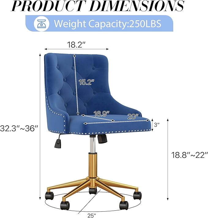 Velvet Armless Home Office Desk Chair, Swivel Height-Adjustable Small Cute Vanity Chair for Women/Girls, Comfy Makeup Chair with Rivet and Gold Base for Living Room, Bedroom(Blue)