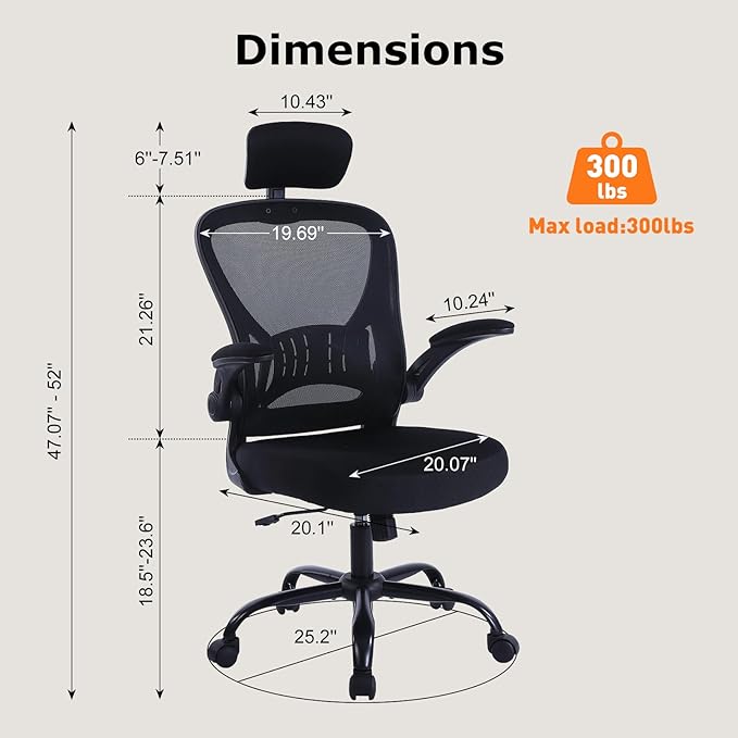 ralex-chair Ergonomic Office Chair with Adjustable Headrest & Lumbar Support, Computer Desk Chair with Flip-Up Armrests, Comfortable for Home, Office, Conference Room