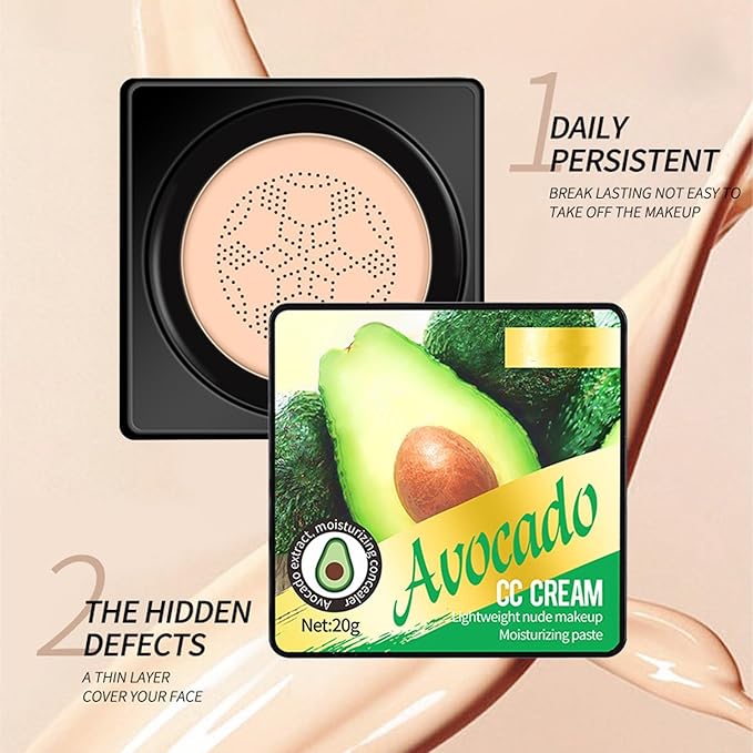 Air Cushion CC Cream Foundation Makeup, Avocado BB Cream for Mature Skin, Color Correcting CC Cream Long Lasting Waterproof Natural Full Coverage Foundation, Moisturizing Concealer (Ivory)
