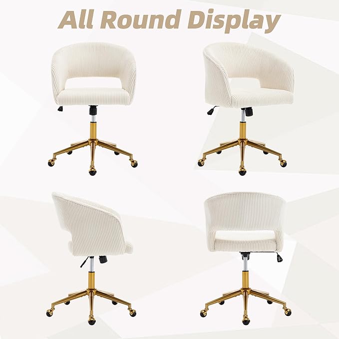 ABET Desk Chair with Wheels, Corduroy Home Office Chair, Swivel Armchair Gold Base, Upholstered Modern Accent Chairs, Back Incline Adjustable for Living Room Bedroom Vanity, Beige