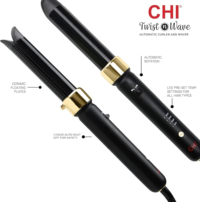 CHI Twist-N-Wave Automatic 1” Ceramic Rotating Curler, for Shiny, Frizz-Free & Healthy Hair, Auto-Shut Off, Dual Voltage, 6.5 Foot Swivel Cord