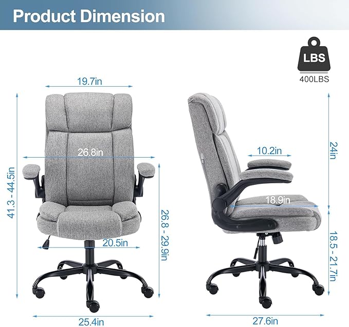 Office Chair High Back Ergonomic Executive Computer Desk Chair Comfortable Fabric Padded Home Office Desk Chairs with Flip-up Arm Rest Adjustable Height Swivel Wheels (Grey)