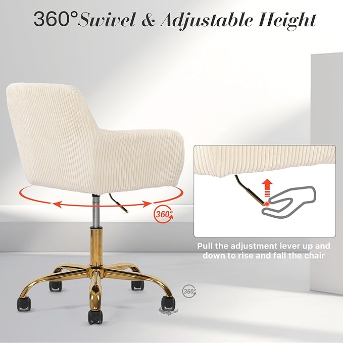 Faux Fur 360°Swivel Desk Chair, Height Adjustable Home Office Armchair with Golden Base for Teens Women Girls, Upholstery Computer Chair for Home Studios, Corduroy & Beige