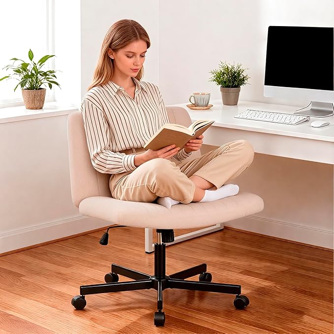 PayLessHere Criss Cross Chair Wide, Armless Office Desk Chair,Backrest Vanity Chair with Wheels 360 Swivel, Height Adjustable for Home Office, Home Office Pink
