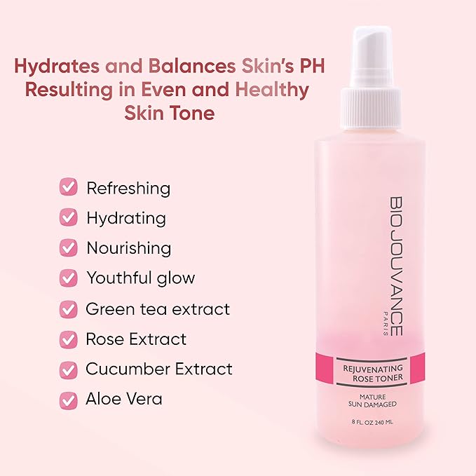 Rejuvenating Rose Toner Spray 8oz / 240ml - for Mature/Sun Damaged Skin | PH Balancing | Alcohol-Free | Gentle Hydrating Face Toner | Daily Facial Skin Care | Made in France