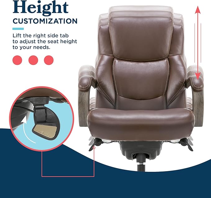 La-Z-Boy Delano Big and Tall Executive Office Chair - Ergonomic Lumbar Support Memory Foam - Bonded Leather Desk Chair for Home Office - Weathered Gray Wood Arms - Brown