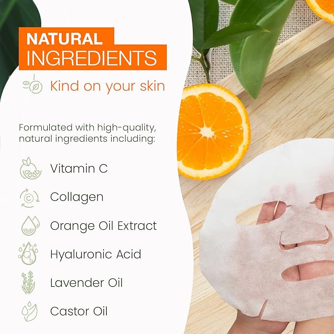 Vitamin C & Collagen Sheet Face Mask - Brightening, Anti-Aging, Skin Nourishing, Moisturizing, Dermatologist Tested, Cruelty Free Korean Skin Care For All Skin Types - 20 Masks