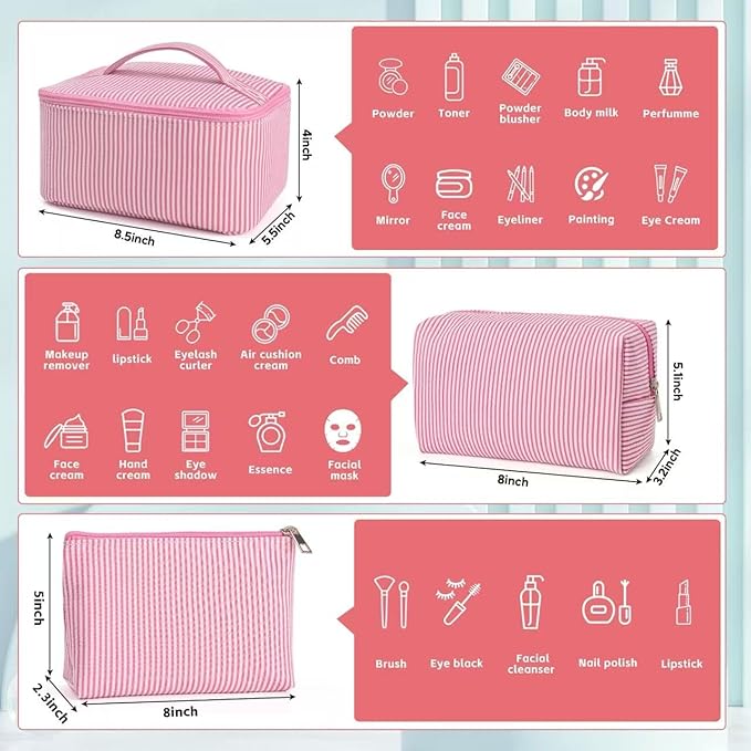 3 Pieces Makeup Bag Set Cute Cosmetic Pouch for Women Seersucker Cosmetic Bag Aesthetic Travel Toiletry Organizer Preppy Small Makeup Purse Pouch Skincare Brushes Storage Organizer for Women (Pink)