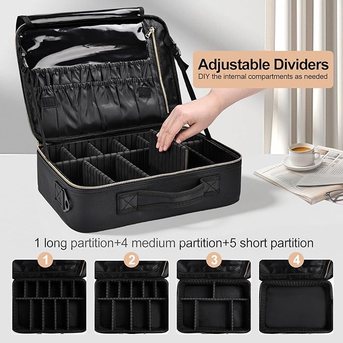 Travel Makeup Bag with Brush Holder, Professional Cosmetic Train Case Organizer, Portable Travel Makeup Brush Carry Case Artist Storage Box with Adjustable Dividers and Shoulder Strap, Leather Black