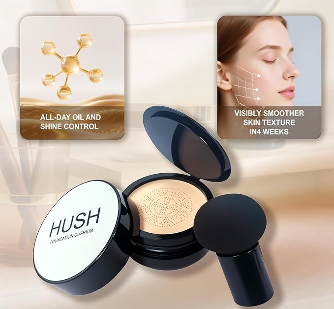 Hush makeup foundation -glow makeup foundation for older women – Korean Warm Tone CC Mushroom Air glow Foundation, Full Coverage Long-Lasting BB Cream cushion foundation, Natural Radiant Finish