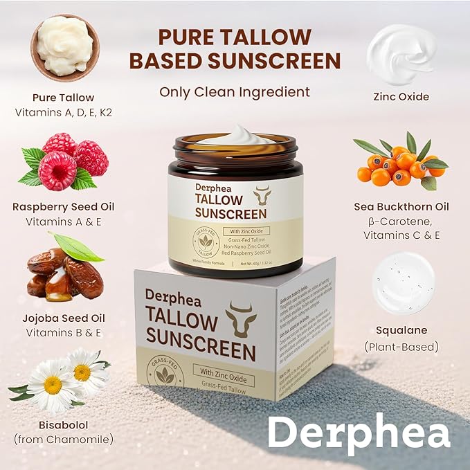 Natural Beef Tallow Sunscreen – SPF 50 Daily Sun Care for Extremely Sensitive, Acne-Prone & Kid-Safe Skin – Non-Toxic Sunblock with 22% Non-Nano Zinc Oxide, Clean Formula for Face & Body