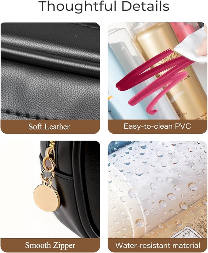 2Pcs Clear Makeup Bags Set, Clear Travel Makeup Brush Holder Leather Makeup Case Toiletry Bag with Zipper Portable Cosmetic Pouch Waterproof Makeup Brush Storage Bag Car Bag for Essentials (Black Set)