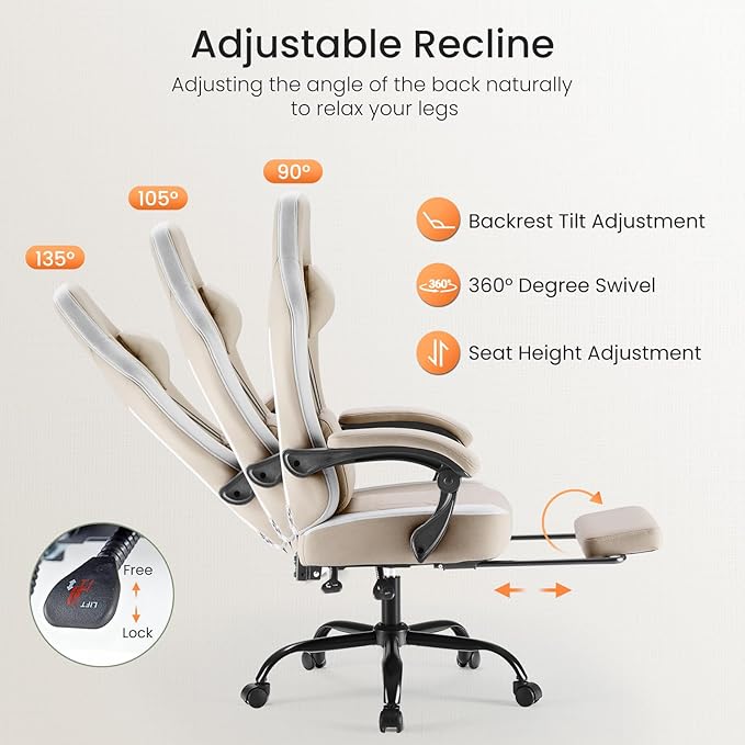 NEWBULIG Gaming Chair with Footrest – High Back Ergonomic Computer Desk Chair with Lumbar Support, Headrest, Linkage Armrests, Reclining Office Chair with 360° Swivel & Height Adjustment, Khaki