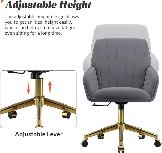 YISHENG Velvet Office Desk Chair with Gold Base, with Wheels,Modern Height Adjustable 360 Degree Swivel Upholstered Vanity Chairs with Arms for Living Room Bedroom，Gray