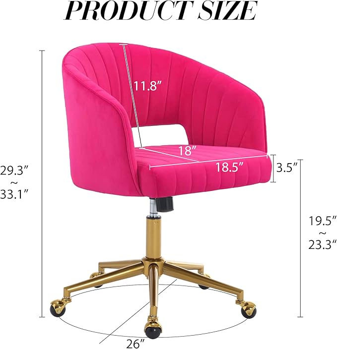 Home Office Chair Swivel Velvet Desk Chair Accent Armchair Upholstered Modern Tufted Chairs with Gold Base for Girls Women Ergonomic Study Seat Computer Task Stools for Living Room(Hot Pink)